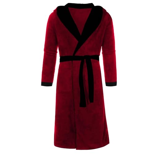 Albornoz para hombre de gran tamaño, de rizo, bata larga de algodón cálido, albornoz para sauna, con capucha, pijama de invierno, pijama de microfibra, bata de baño con cinturón, bolsillo, rojo, M