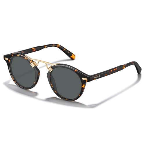 Image of CARFIA Small Face Acetate Polarized Sunglasses for Women UV Protection, Retro Double Bridge Eyewears Metal Brow Round Sunnies