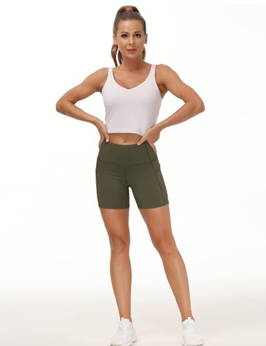 Image of THE GYM PEOPLE High Waist Yoga Shorts for Women's Tummy Control Fitness Athletic Workout Running Shorts with Deep Pockets