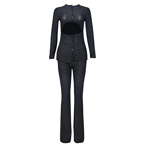 Womens 2 Piece Outfits Cut Out Casual Lady Business Suits Long Sleeve Slim Fit Sparkly Office Work Sets2