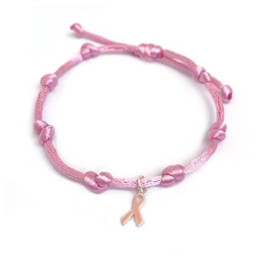 Handmade's Victim Pulsera contra el Cáncer de cordón rosa y lazo de plata esmaltado en rosa.