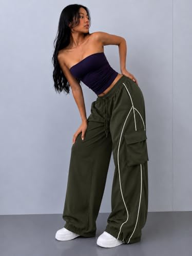 Image of Parachute Baggy Track Pant for Women | Korean Style Loose Fit Wide Leg Cargo Pockets | Piping Casual Trouser