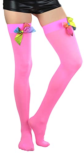 Image of ToBeInStyle Women's Opaque Long Thigh High Stockings w /Decorative Front Satin Bow