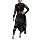 YOUFE Women's Lace See Through Jumpsuit Bodycon Sexy Club Outfits Long Sleeve Pleated High Split Midi Skirt One Piece Set