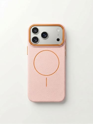 Image of amazon basics Luxury MagSafe Compatible Leather Texture Back Cover for iPhone 17 Pro Max | Raised Camera Protection | Slim Fit Shockproof Case with Metallic Accents (Pink)