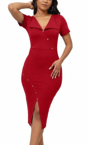 Image of Fooullaide Women's Sexy Bodycon Mid Dress Stretch Short Sleeve V Neck Cocktail Party Dresses