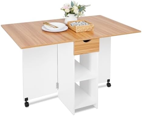 Bild von Mondeer Mobiler Klapptisch, Klappbarer Esstisch Geeignet für kleine Räume mit 1 Schublade und 2 Ablagen für Esszimmer Küche Weiß und Roteiche H1071KT01ME 72 x 120 x 75 cm