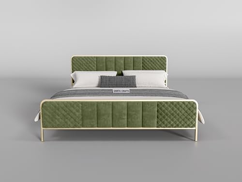 Image of Modern Upholstered Double Size Bed for Bedroom | Metal Double Bed | Platform Cot Bed with Upholstery Premium Fabric | 6.5 x 4 Ft | Powder Coated Metal Bed | Green