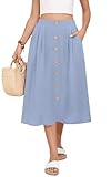 MLXSJ Women's Midi Skirt Summer Flowy High Waisted Casual Button Front Skirts with Pockets (Denim Blue, L)
