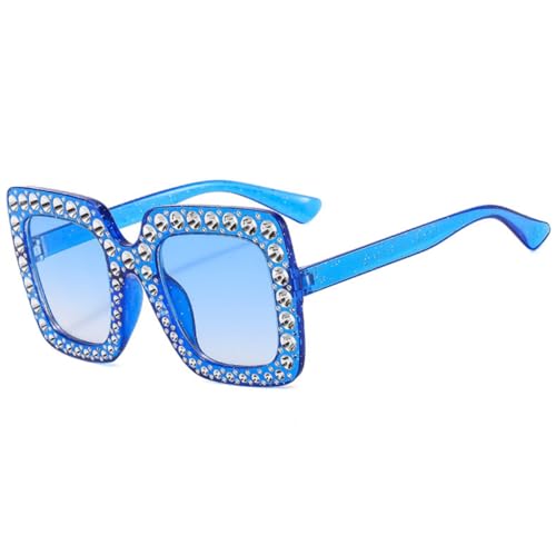 IKANOO Oversized Crystal Sunglasses for Women Square Thick Frame Bling Rhinestone Sparkling Glasses (Blue)