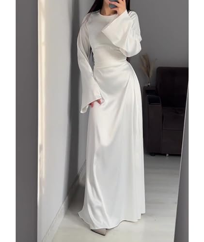 xxxiticat Women's Slip Satin Long Dress Long Sleeve Round Neck Back Lace Up Bandage Tie Wedding Party Maxi Dresses2