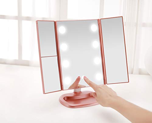 Miss Sweet Big Bulb Tri-fold Makeup Mirror Vanity Mirror with 1X/2X/3X Magnification (Rose Gold)