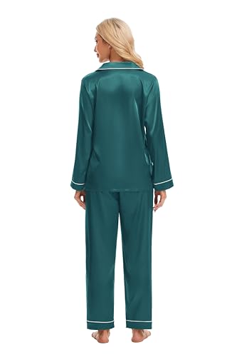 Devirld Women's Classic Long Sleeve Satin Pajamas Set Button Down Silky Sleepwear 2 Piece Lounge Set Pj Set with Notch Collar Blue Green - image 5