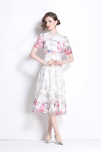 Image of LAI MENG FIVE CATS Women's Lace Floral Short Sleeve Crochet Waist Cocktail Midi Dress