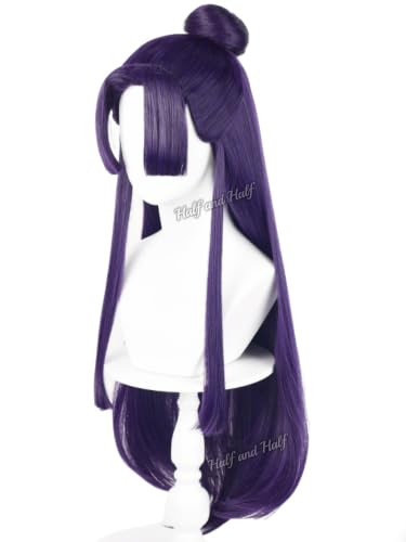 Image of Half and Half Jinshi Cosplay Wig Long Straight Dark Purple Anime Wigs with Bangs & Bun 33'' Deep Purple Wigs for Unisex Halloween Costumes Party