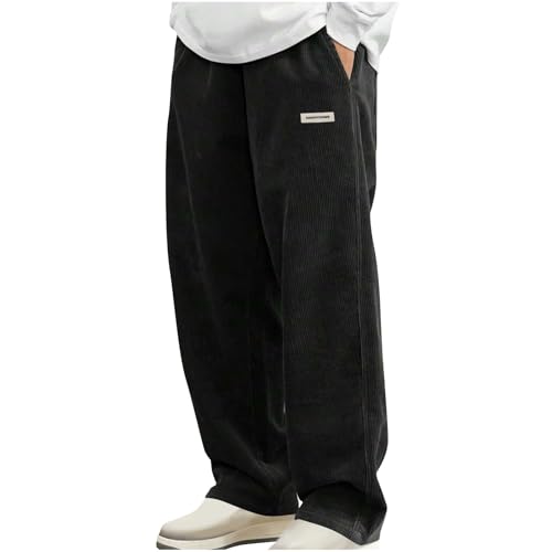 Mens Corduroy Pants Straight Wide Leg Baggy Sweatpants with Pocket Casual Fall Fashion Drawstring Elastic Waist Jogger
