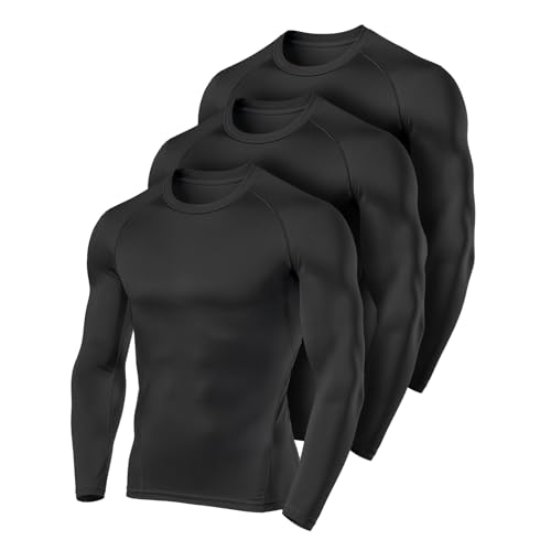 3 Pack Men's Compression Shirts Long Sleeve Athletic Base Layer Running Top UV Sun Protection Outdoor Work Out Shirts Black S