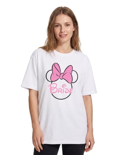 Image of Disney Womens White Short Sleeved T-Shirt | Bride Hen Party Graphic Tee | Mickey Minnie Mouse Ears Design | Bachelorette Celebration Apparel Princess Fan Gift for Her
