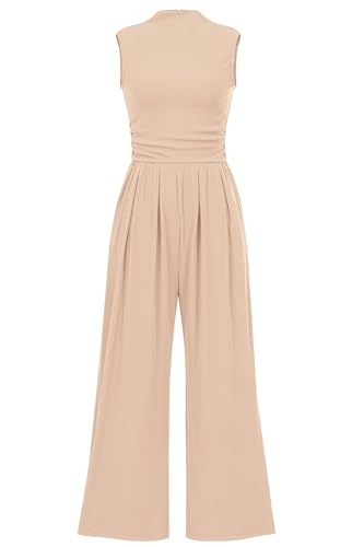 PRETTYGARDEN Womens Summer Jumpsuits Dressy Casual One Piece Outfits Sleeveless Mock Neck Wide Leg Pants Rompers with Pockets