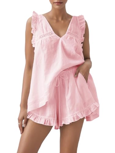 Image of Women's Summer Ruffle Short Sets Cotton Sleeveless Pajama Set | 2 Piece Outfits for Women, Lightweight Breathable Cotton, Relaxed Fit, for Bridesmaid, Party, Vacation and Daily Wear