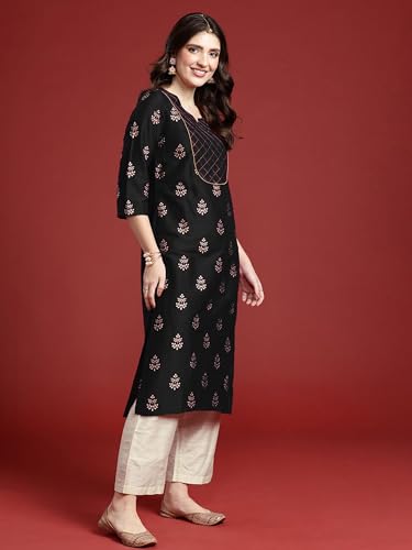 Image of Women's Embroidered Kurti, Ethnic Floral Motif Print, 3 /4 Sleeves, Side Slit