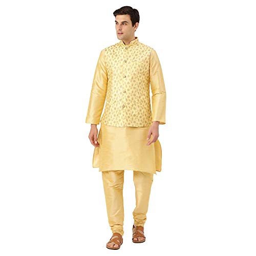 Image of SOJANYA (Since 1958 Men's Cotton Linen Maroon Kurta and White Pyjama with Mustard Cotton Nehru Jacket