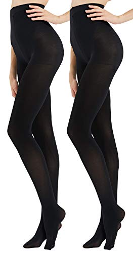 CozyWow Women's Control Top Semi Opaque Reinforced Footed Tights Soft and Elastic Pantyhose (L/XL, 2 Pairs Black)