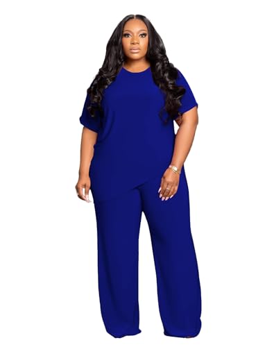 Tycorwd Women's Plus Size Two Piece Outfits Sweatsuits Sets Casual Short Sleeve Tops Baggy Wide Leg Pants Tracksuit Sets Royal Blue 2XL