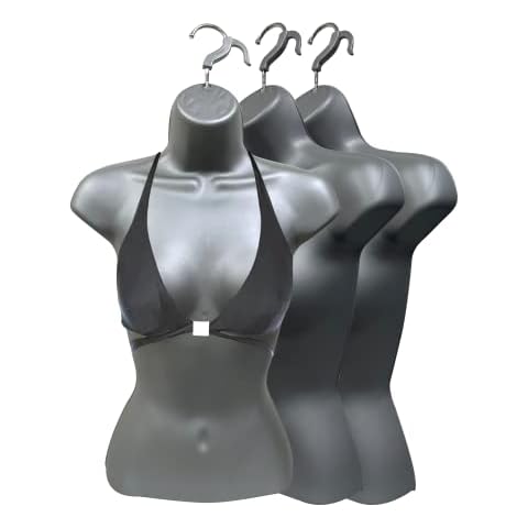 DisplayTown Gray Female Mannequin Injection Form Half Rounded Waist Body Torso Dress Form with Only Hanging Hook, S-M Sizes (3 Pack, Gray) Cover