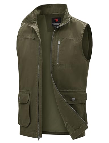 TBMPOY Mens Lightweight Vest Cotton Stylish Sleeveless Travel Casual Work Canvas Outerwear Utility Jacket Fishing Hiking Army Green L