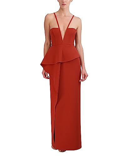 BCBGMAXAZRIA Women's V Neck Off The Shoulder Maxi Peplum Gown, Red Ochre, 16