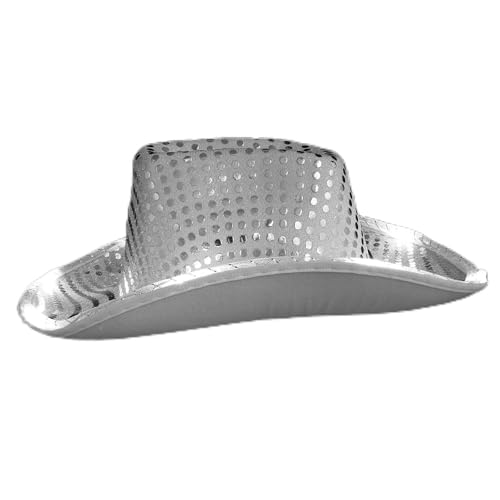 Artibetter Cappello Cowboy Donna Luci LED Argento Tesa Larga, Design Paillettes Brillanti, Portatile e Facile da Trasportare per Feste a Tema e Carnevale
