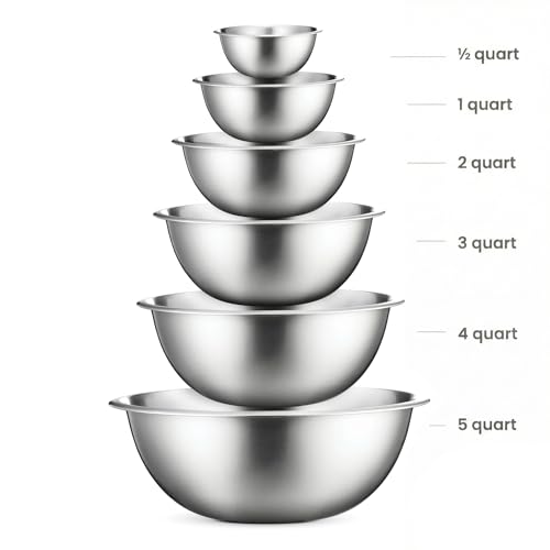 Stainless Steel Mixing Bowls by Finedine (Set of 6) Polished Mirror Finish Nesting Bowls, - 1.5 - 3 - 4 - 5 - 8 Quart - Cooking Supplies