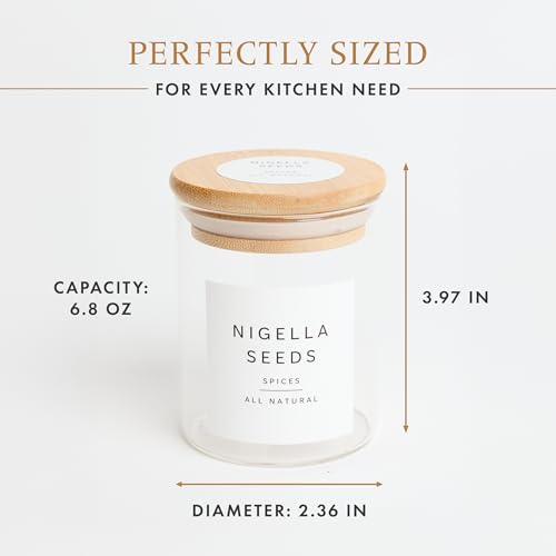 Livabl Glass Spice Jars with Lids and Labels – 12 Bamboo Lid Spice Containers - 200ml Airtight Jars with 360 White UK Designed Waterproof Pre-Printed Labels - Complete Herb, Seasoning & Spices Storage