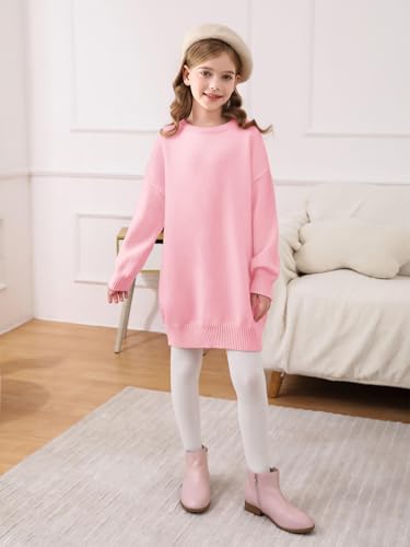 Image of Haloumoning Girls Sweater Dress Casual Crewneck Knit Long Sleeve Fall Winter Dress Pullover 5-14Y Pink