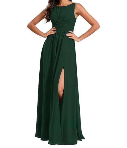 Abendkleid Lang Elegant für Hochzeit Rundhalsausschnitt A-Linie Ballkleider Damen Neckholder Brautjungferkleider Chiffon Dunkelgrün 36 Size