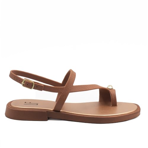 Zatta Rasteira Feminina com Detalhe Metal no Dedo, Solado Borracha, Fivela Ajustável, Casual (Caramelo, BR, Adulto, Numérico, 37)