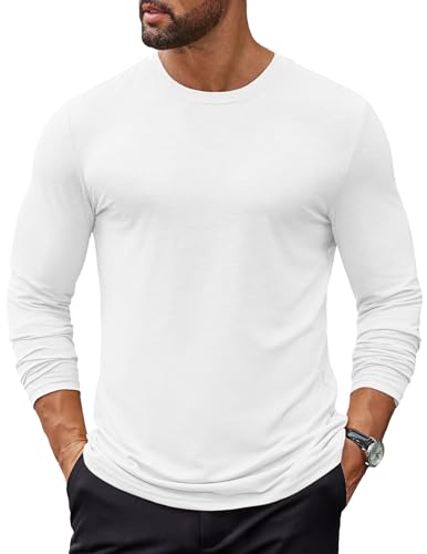 COOFANDY Camiseta Manga Larga Hombre Camisetas Basicas Camiseta Informal T Shirt Lisa Camisetas Cuello Redondo Blanca L