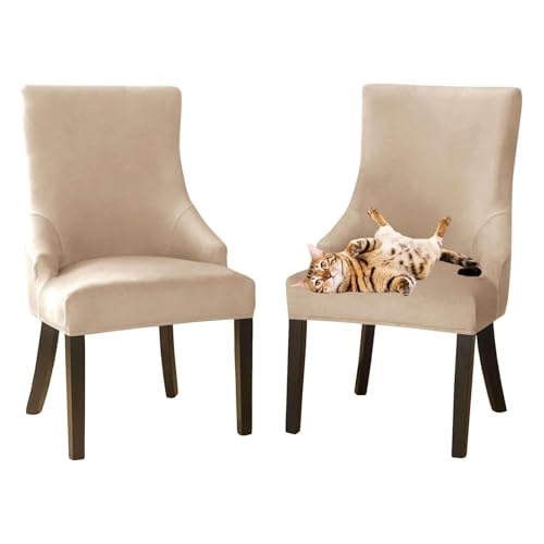 Housse fauteuil à oreilles velours extensible beige et antidérapante - 2