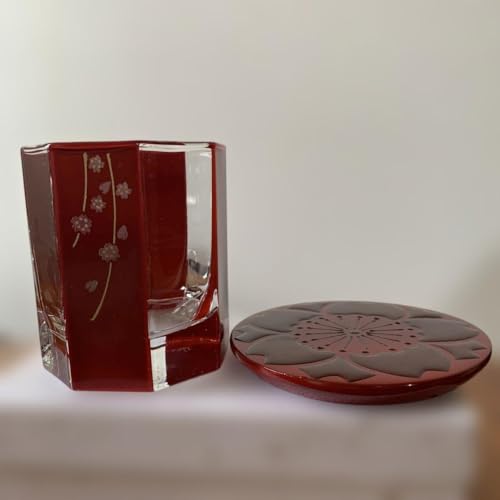 桜柄 漆塗り 川連漆器 漆塗りグラス 高さ約8cm 口径約6.7?7cm コースター、茶托、急須置き、ミニ台 直径約9.2cm