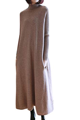 Minibee Women's Long Sleeve Sweater Dresses Pullover Casual Turtleneck Knit Sweater Long Dresses with Pockets Coffee