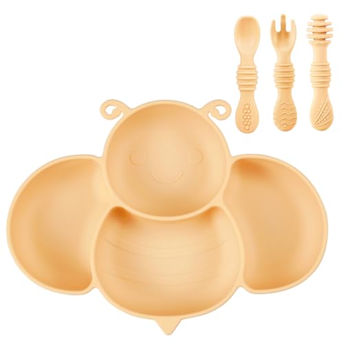 Image of PandaEar Silicone Suction Plates with 3 Spoons Forks for Babies & Toddlers| Divided Unbreakable Toddler Plate| Baby Led Weaning Supplies Self Feeding Eating Utensils| BPA-Free