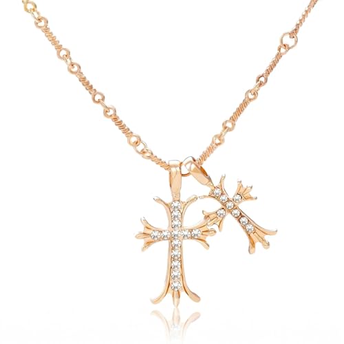 Tikaiui Cross Necklace 14K Gold Plated Double Cross Pendant Necklace Dainty Diamond Cross Charm Link Chain Choker Delicate Faith Jewelry Religious Gifts for Women or Friends