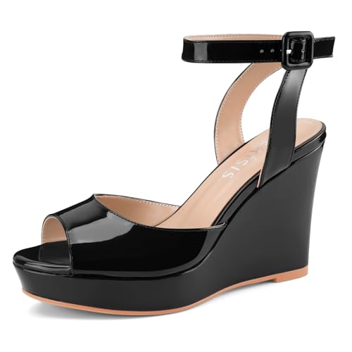 Women's Dressy Platform Wedge Sandals Gold Wedges Peep Toe Patent High Heels Slingback Heeled Comfortable Ankle Strap Shoes