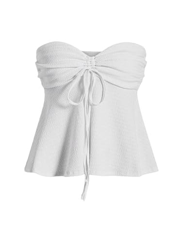 Milumia Women Tie Front Ruched Tube Top Strapless Flared Hem Peplum Bandeau Tops White Small