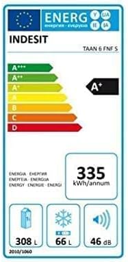 Etykieta efektywności energetycznej lodówki Indesit TAAN 6 FNF S, przedstawiająca klasę energetyczną A+ i zużycie 335 kWh/rok.
