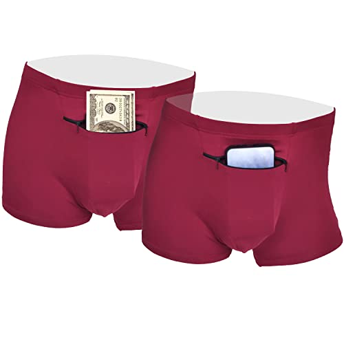 2 Packs Men's Boxer Briefs Secret Hidden Pocket, Pickpocket Proof Travel Secret Pocket Underwear, Pocket Panties. (Burgundy)