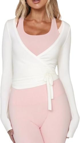 Image of Womens Slim Fit Tie Front Open Front Wrap Long Sleeve T Shirt Y2K Ballet Going Out Cardigan Aesthetic Casual Tops