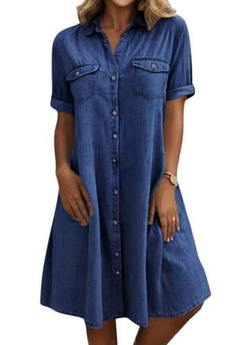 chouyatou Women's Summer Short Sleeve Denim Shirt Dress Business Casual Button Down Midi Long Jean Dress (Medium, Dark Blue)