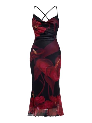 Image of SOLY HUX Women's Floral Mesh Bodycon Cami Dress Cowl Neck Sleeveless Cocktail Party Wedding Guest Long Maxi Dresses